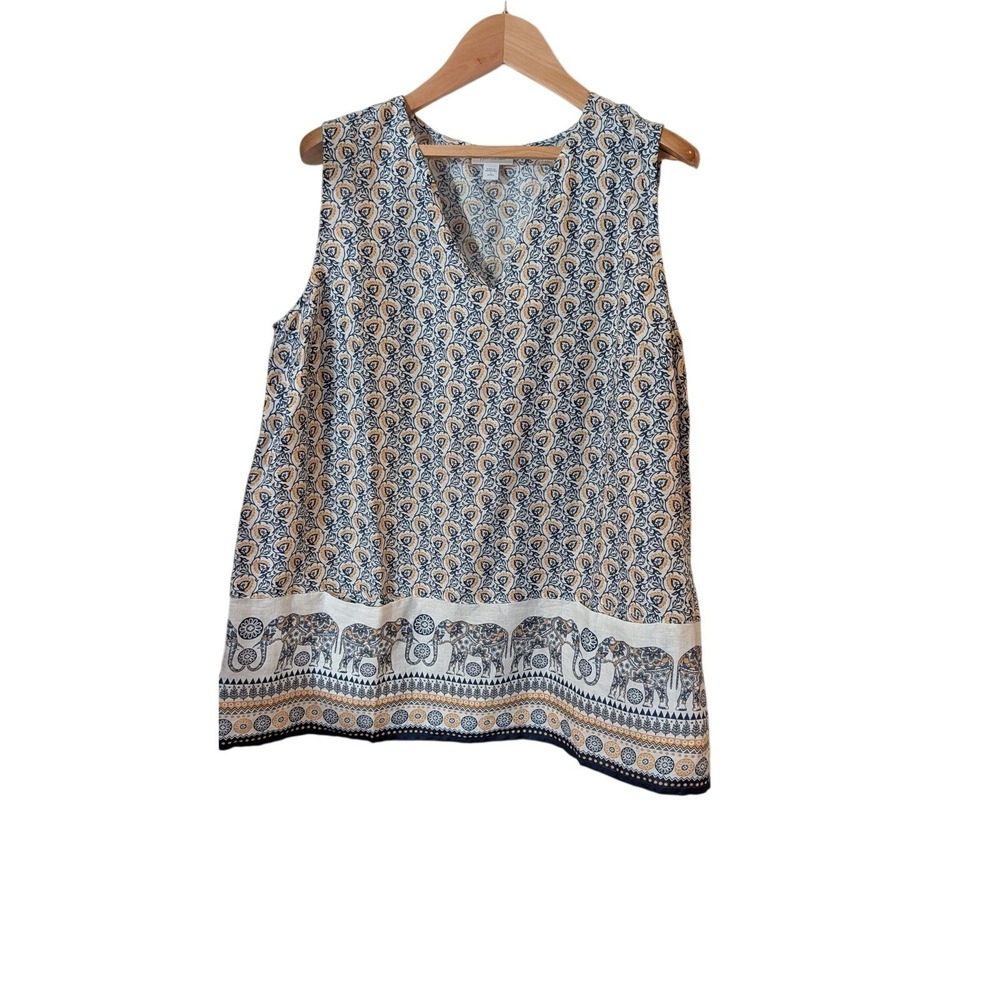 J. Jill Love Linen Elephant Border Print V-Neck Tank Top Blue Orange Large P